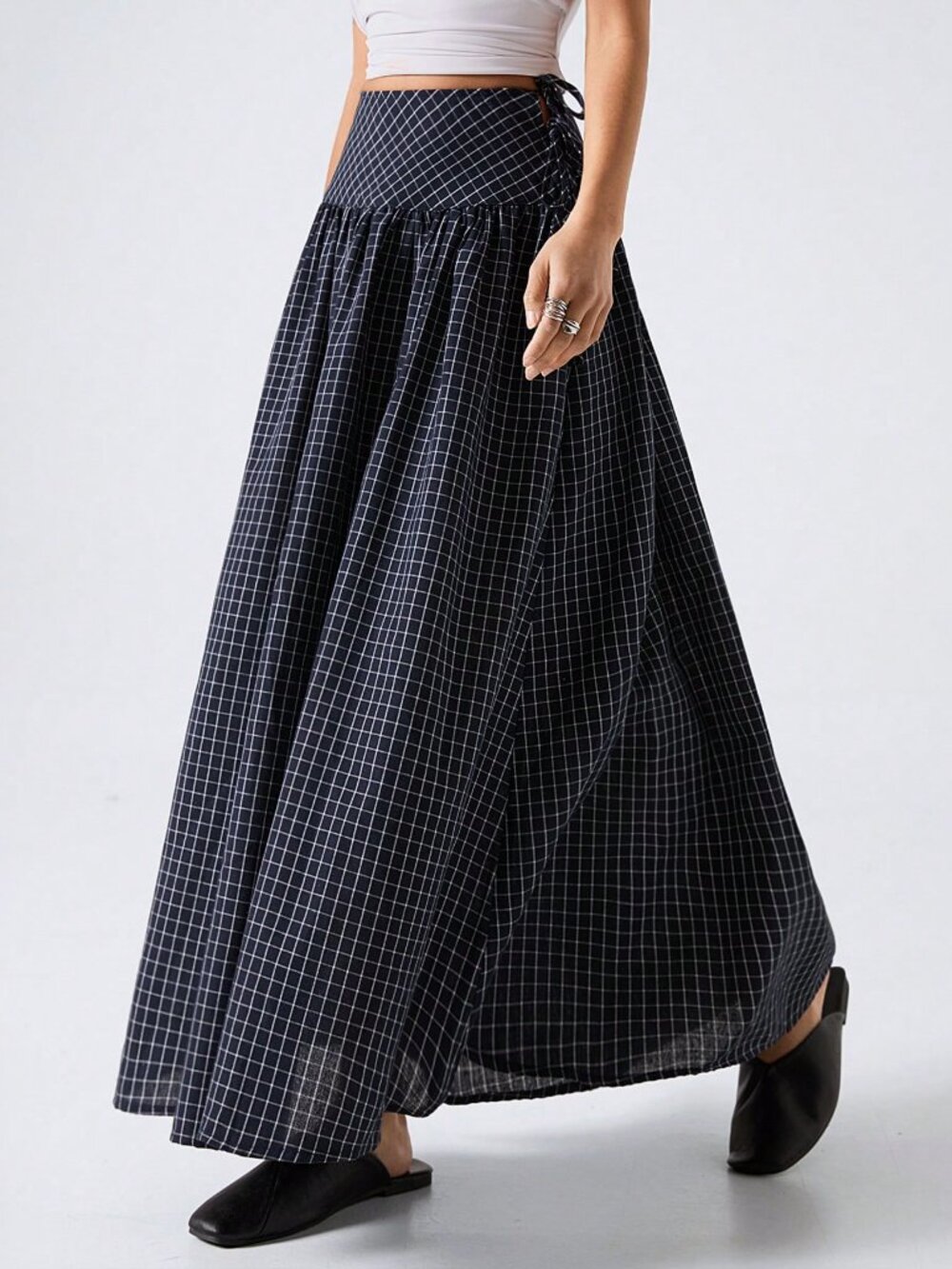 Multicolor Casual Women's Plaid Low Rise Flared Side Tie Maxi Skirt - Picture 6 of 6